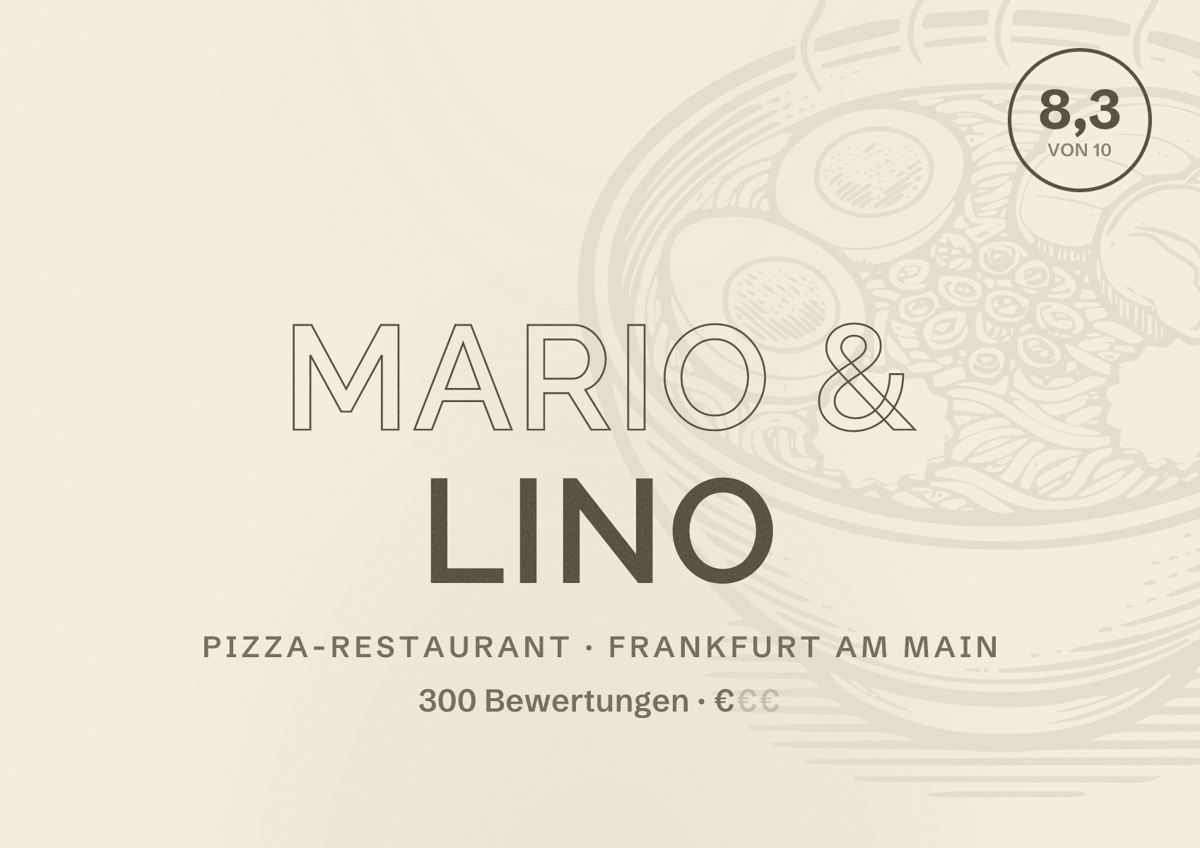 Illustriertes Poster von Mario & Lino, Pizza-Restaurant in Frankfurt am Main: Bewertung 8,3 von 10 aus 300 Bewertungen, Preisniveau €