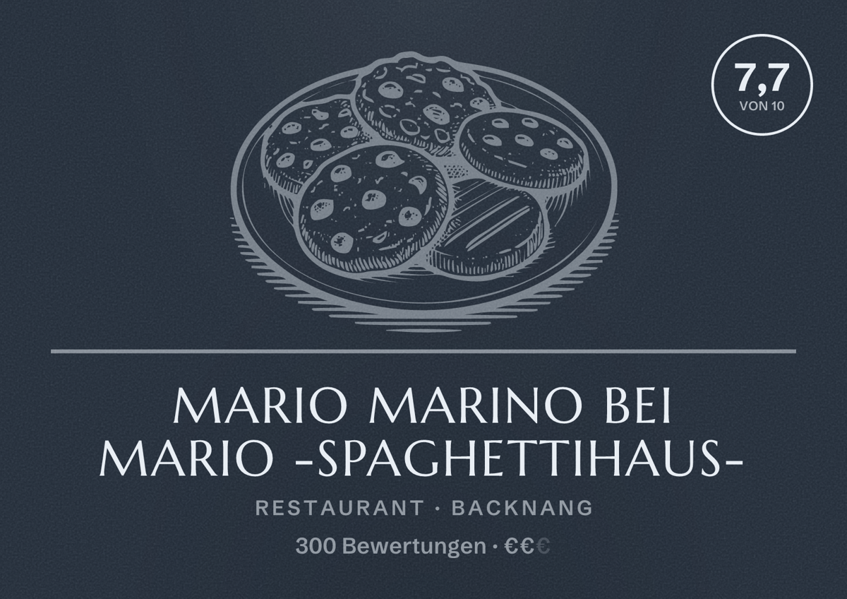 Illustriertes Poster von Mario Marino Bei Mario -Spaghettihaus-, Restaurant in Backnang: Bewertung 7,7 von 10 aus 300 Bewertungen, Preisniveau €€