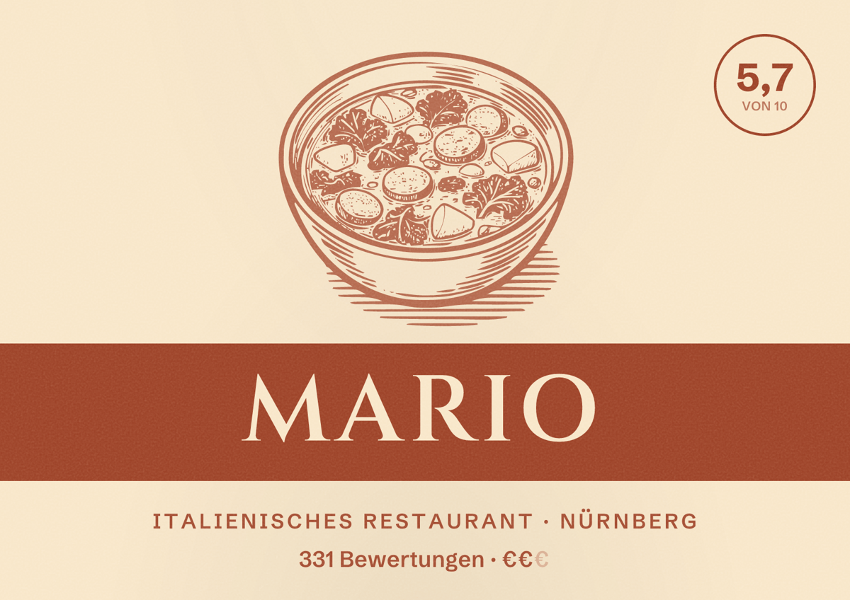 Illustriertes Poster von Mario, Italienisches Restaurant in Nürnberg: Bewertung 5,7 von 10 aus 331 Bewertungen, Preisniveau €€