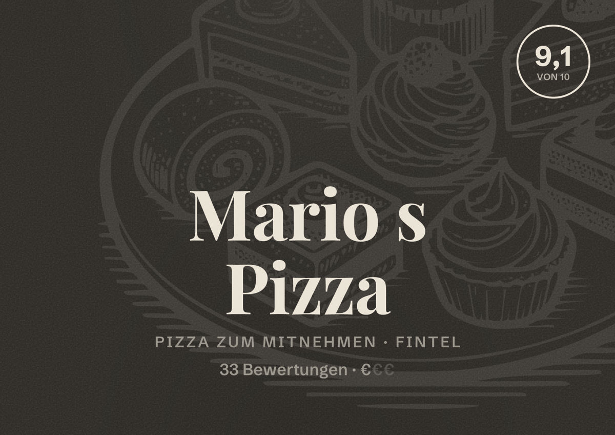 Illustriertes Poster von Mario s Pizza, Pizza zum Mitnehmen in Fintel: Bewertung 9,1 von 10 aus 33 Bewertungen, Preisniveau €