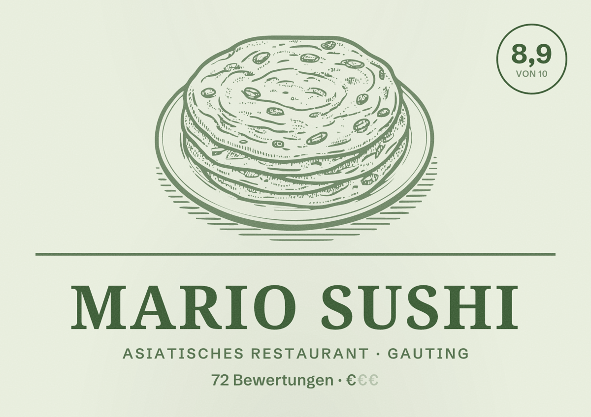 Illustriertes Poster von Mario Sushi, Asiatisches Restaurant in Gauting: Bewertung 8,9 von 10 aus 72 Bewertungen, Preisniveau €