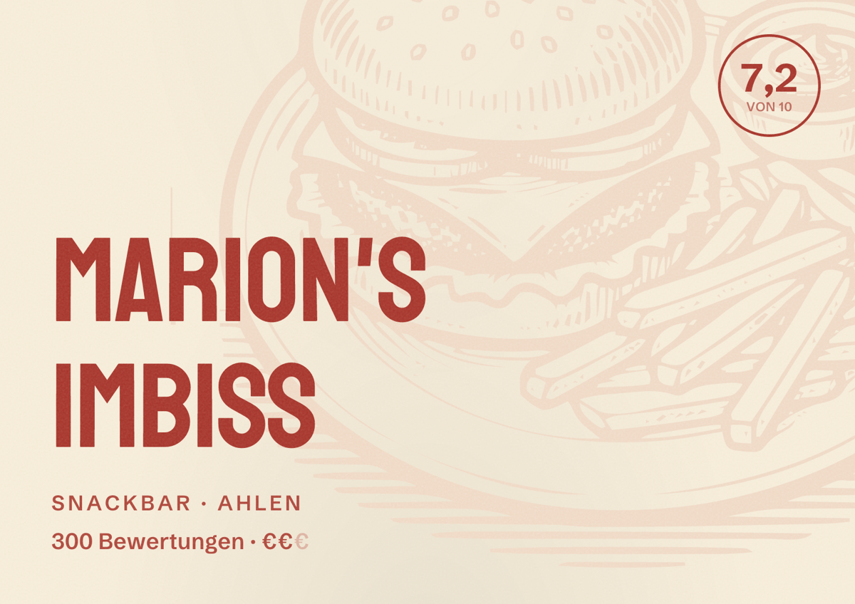 Illustriertes Poster von Marion's Imbiss, Snackbar in Ahlen: Bewertung 7,2 von 10 aus 300 Bewertungen, Preisniveau €€