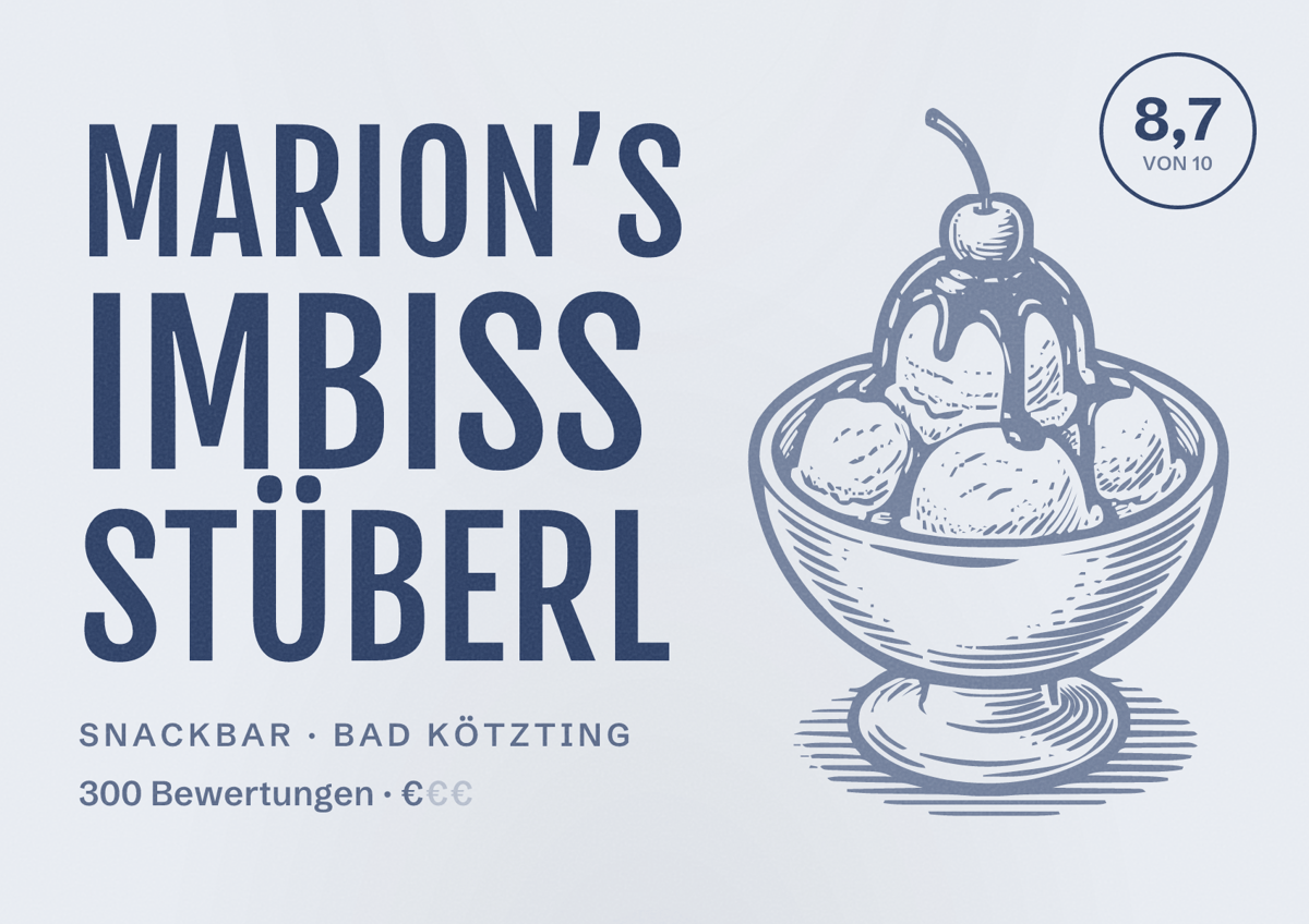 Illustriertes Poster von Marion’s Imbiss Stüberl, Snackbar in Bad Kötzting: Bewertung 8,7 von 10 aus 300 Bewertungen, Preisniveau €
