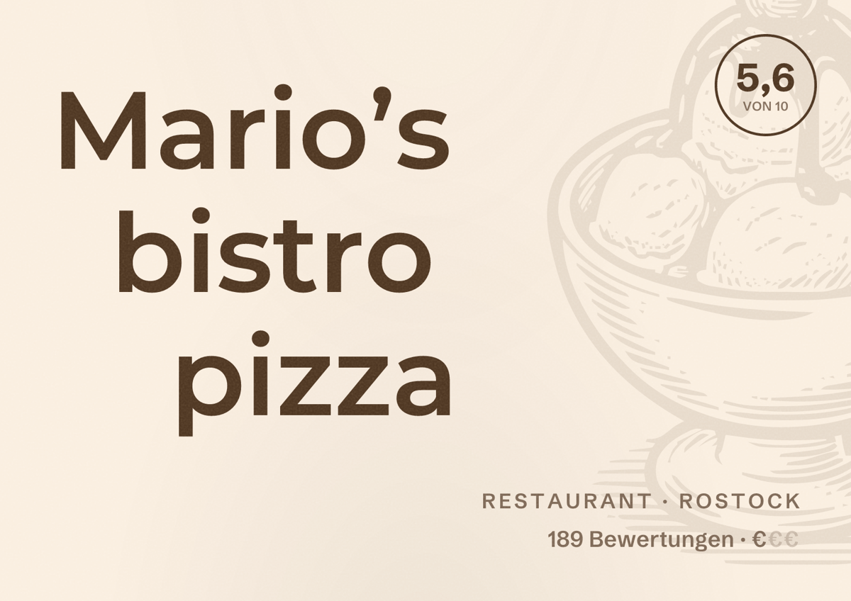 Illustriertes Poster von Mario’s bistro pizza, Restaurant in Rostock: Bewertung 5,6 von 10 aus 189 Bewertungen, Preisniveau €