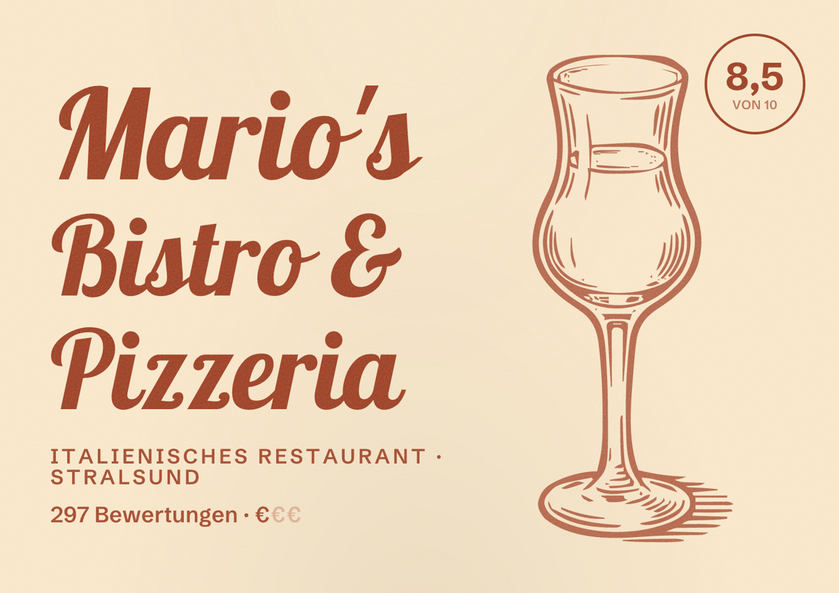 Illustriertes Poster von Mario's Bistro & Pizzeria, Italienisches Restaurant in Stralsund: Bewertung 8,5 von 10 aus 297 Bewertungen, Preisniveau €