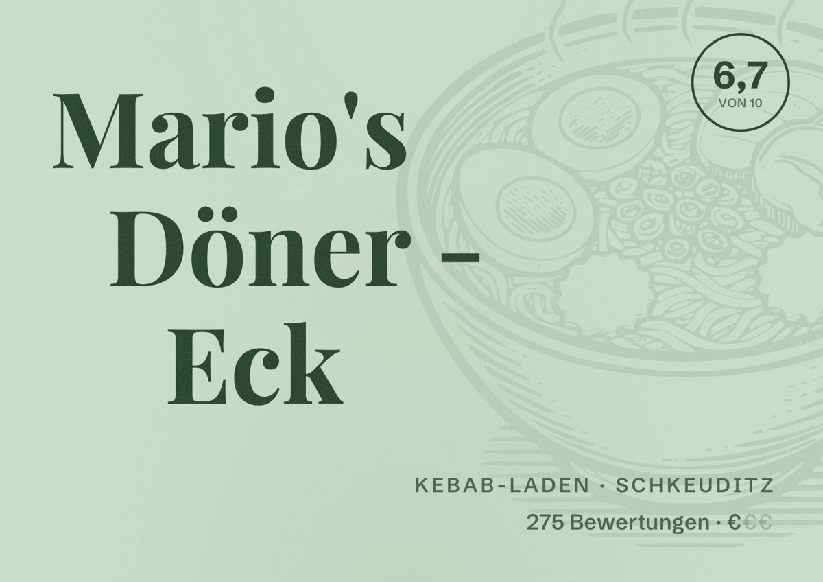 Illustriertes Poster von Mario's Döner - Eck, Kebab-Laden in Schkeuditz: Bewertung 6,7 von 10 aus 275 Bewertungen, Preisniveau €