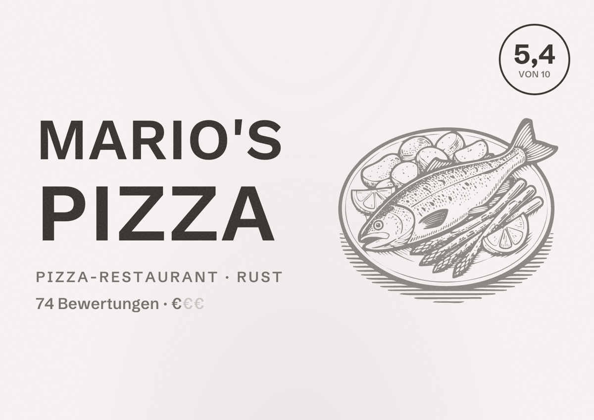 Illustriertes Poster von Mario's Pizza, Pizza-Restaurant in Rust: Bewertung 5,4 von 10 aus 74 Bewertungen, Preisniveau €