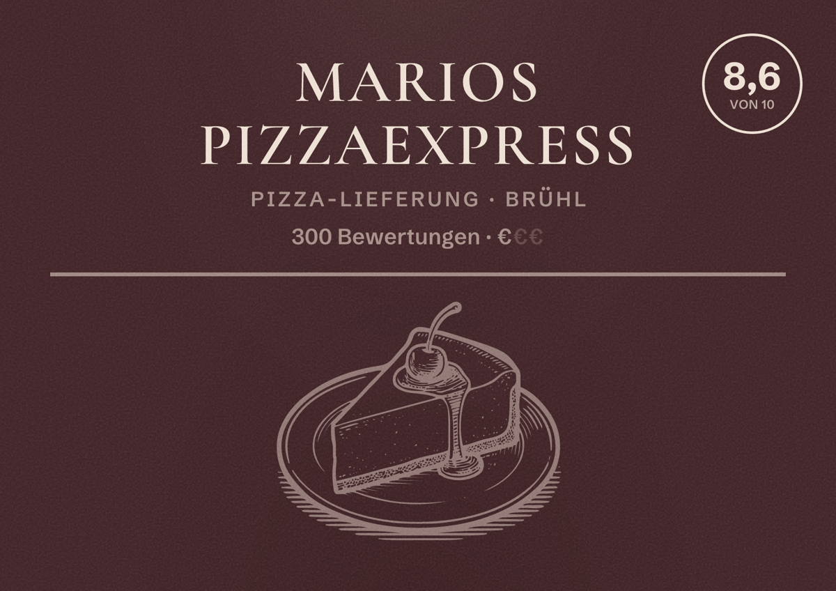 Illustriertes Poster von Marios Pizzaexpress, Pizza-Lieferung in Brühl: Bewertung 8,6 von 10 aus 300 Bewertungen, Preisniveau €