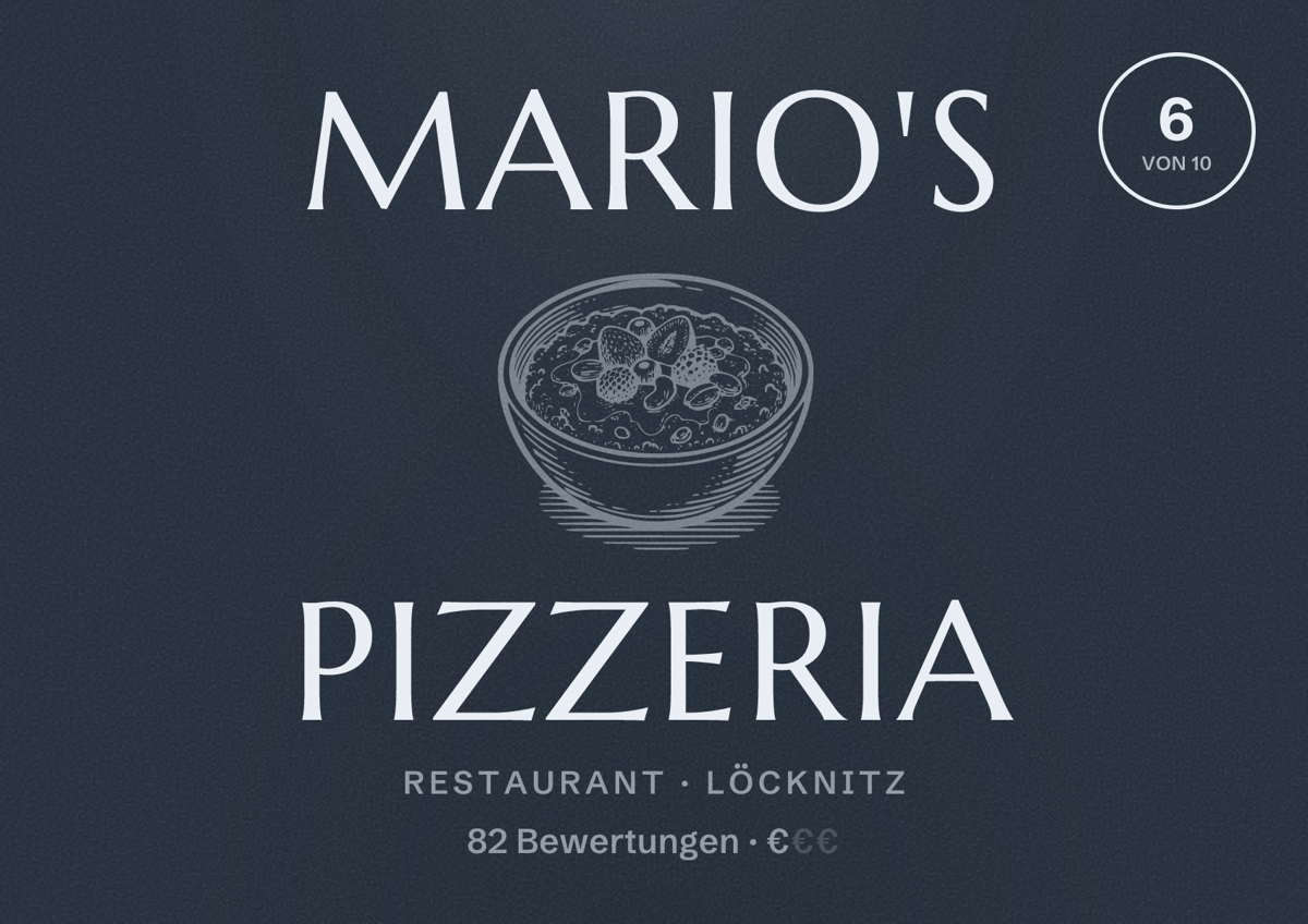 Illustriertes Poster von Mario's Pizzeria, Restaurant in Löcknitz: Bewertung 6 von 10 aus 82 Bewertungen, Preisniveau €