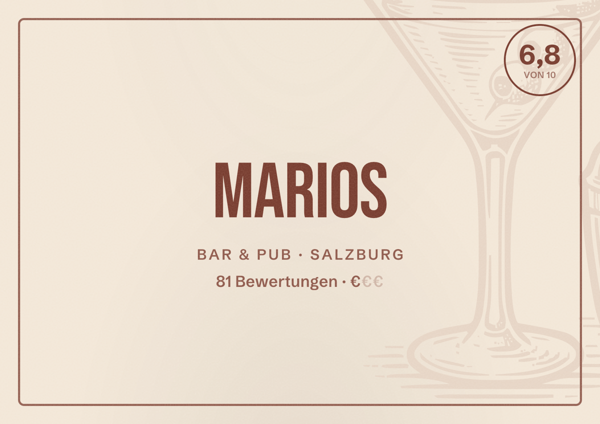 Illustriertes Poster von Marios, Bar & Pub in Salzburg: Bewertung 6,8 von 10 aus 81 Bewertungen, Preisniveau €