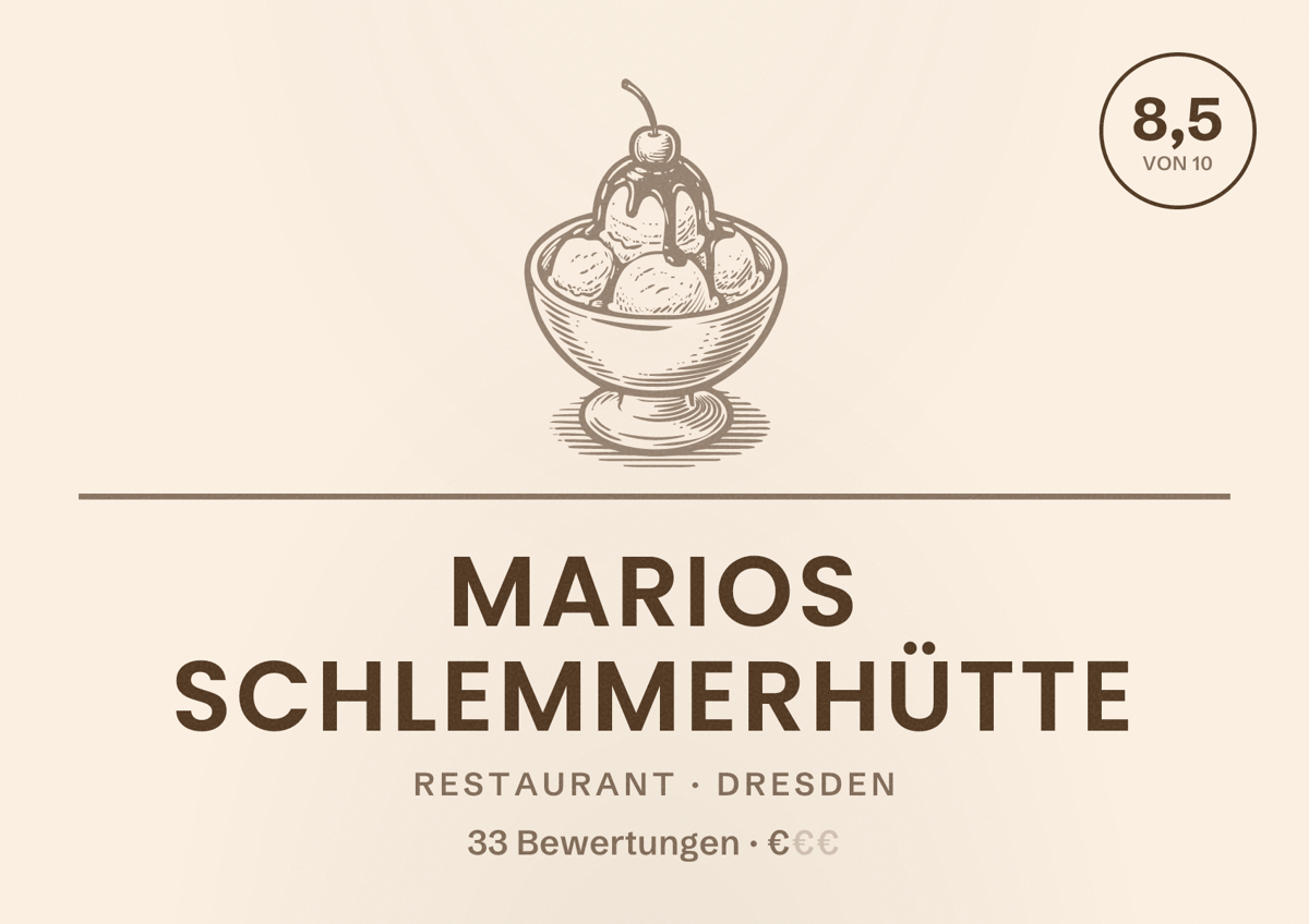 Illustriertes Poster von Marios Schlemmerhütte, Restaurant in Dresden: Bewertung 8,5 von 10 aus 33 Bewertungen, Preisniveau €