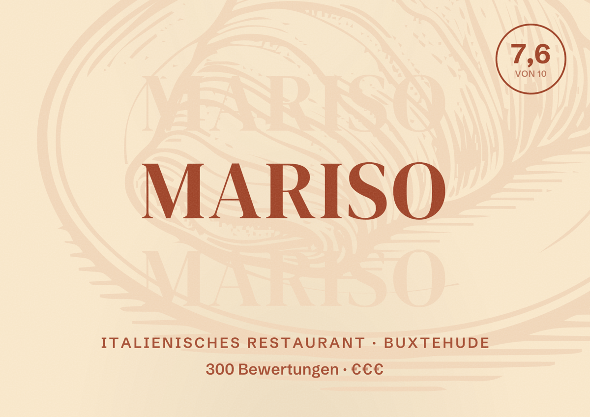 Illustriertes Poster von Mariso, Italienisches Restaurant in Buxtehude: Bewertung 7,6 von 10 aus 300 Bewertungen, Preisniveau €€€