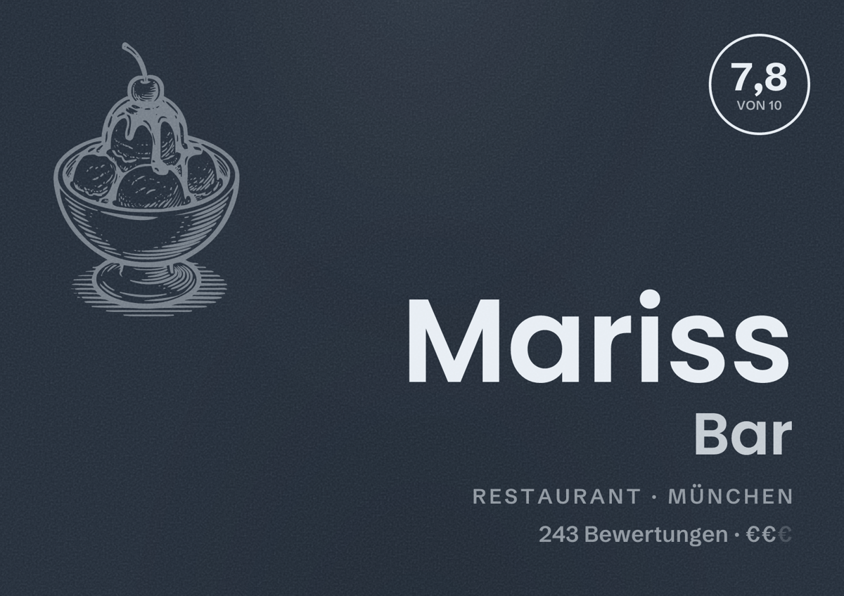 Illustriertes Poster von Mariss Bar, Restaurant in München: Bewertung 7,8 von 10 aus 243 Bewertungen, Preisniveau €€