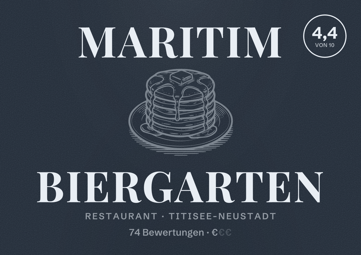 Illustriertes Poster von Maritim Biergarten, Restaurant in Titisee-Neustadt: Bewertung 4,4 von 10 aus 74 Bewertungen, Preisniveau €