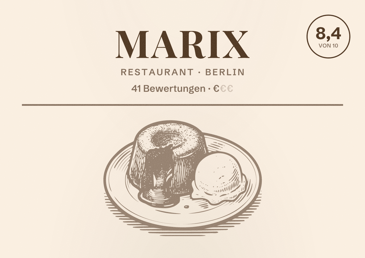 Illustriertes Poster von Marix, Restaurant in Berlin: Bewertung 8,4 von 10 aus 41 Bewertungen, Preisniveau €