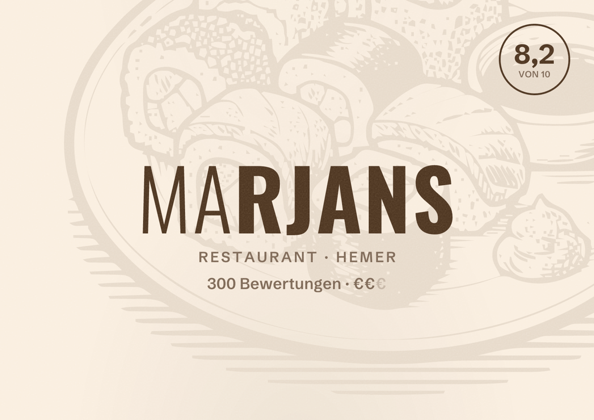 Illustriertes Poster von Marjans, Restaurant in Hemer: Bewertung 8,2 von 10 aus 300 Bewertungen, Preisniveau €€