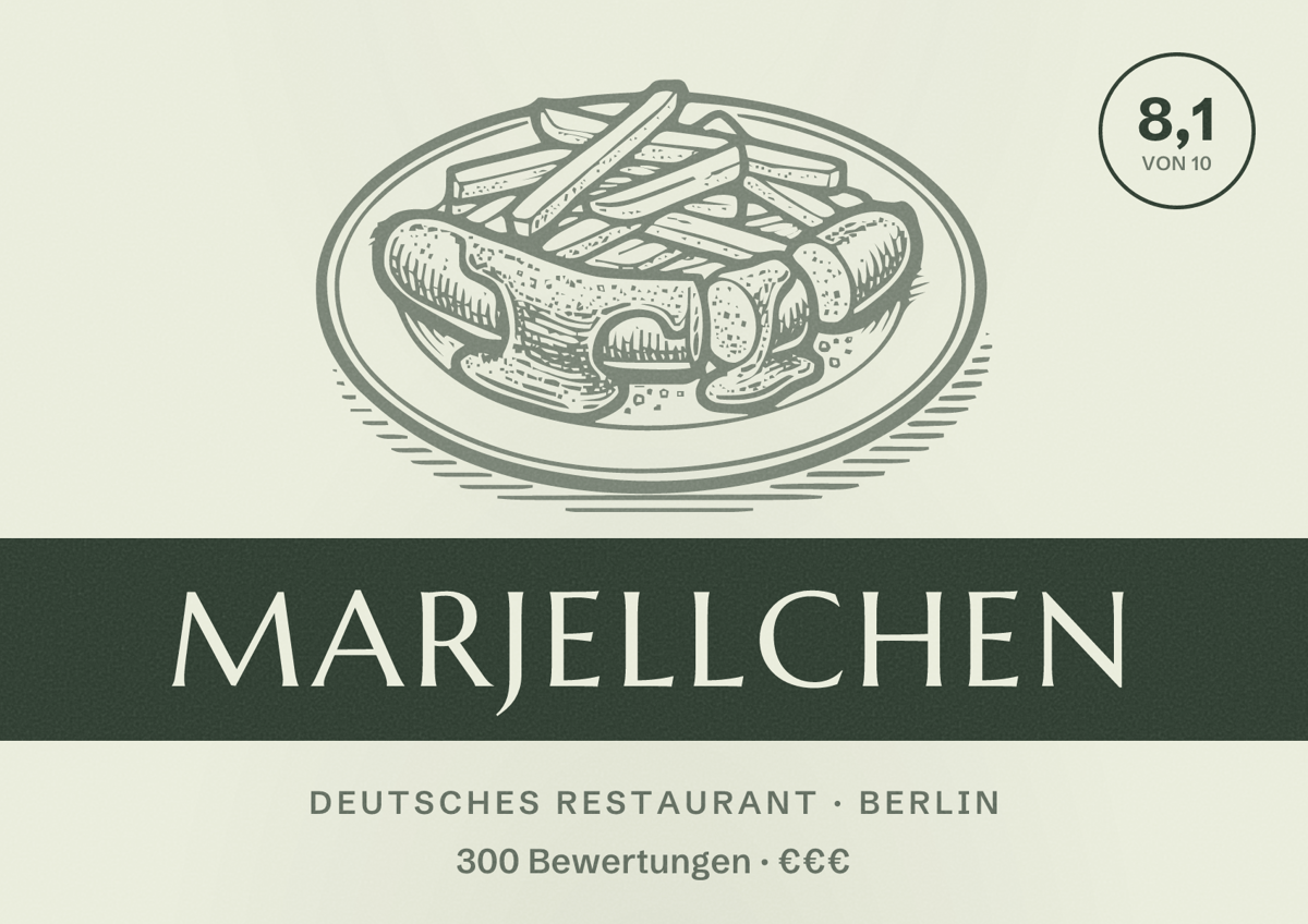 Illustriertes Poster von Marjellchen, Deutsches Restaurant in Berlin: Bewertung 8,1 von 10 aus 300 Bewertungen, Preisniveau €€€