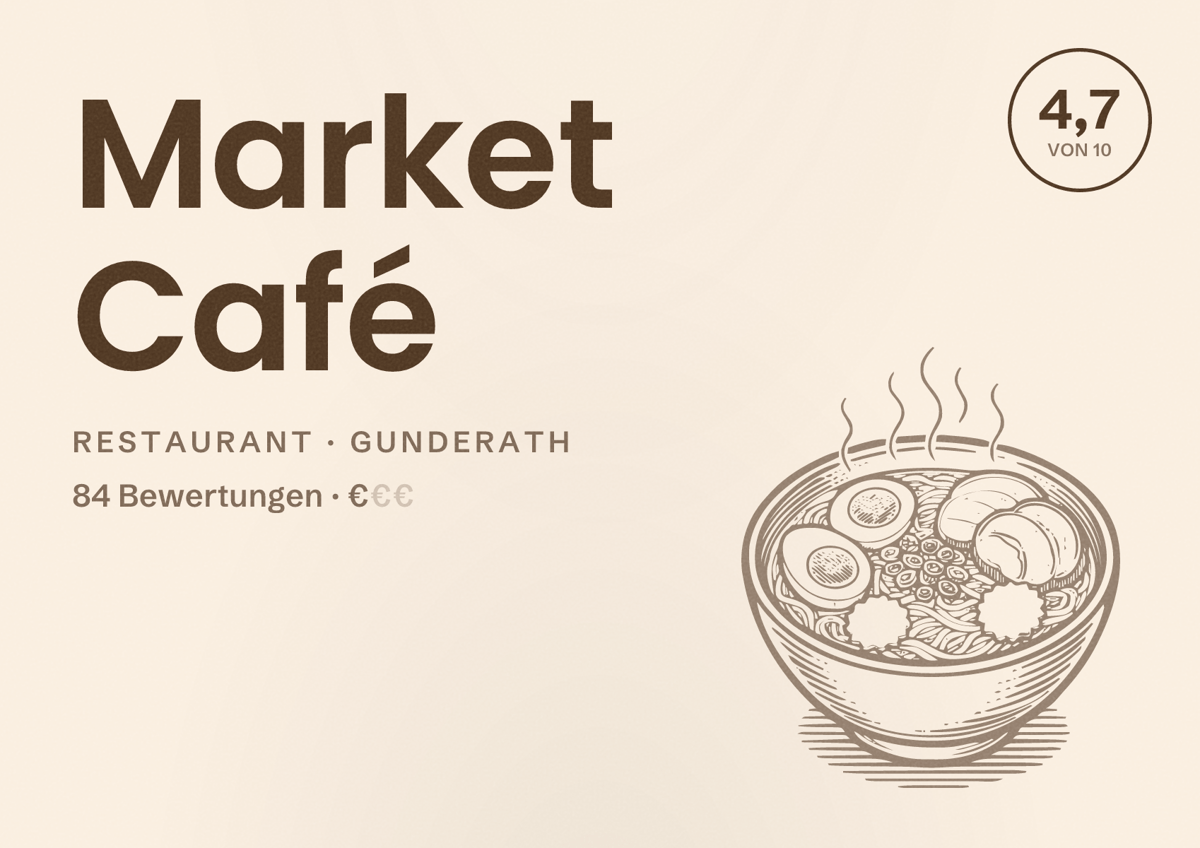 Illustriertes Poster von Market Café, Restaurant in Gunderath: Bewertung 4,7 von 10 aus 84 Bewertungen, Preisniveau €