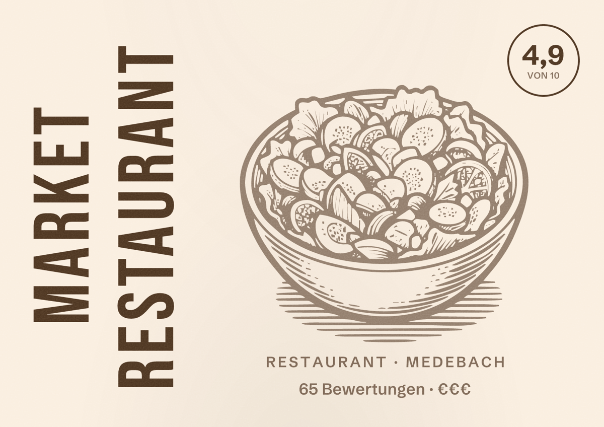 Illustriertes Poster von Market Restaurant, Restaurant in Medebach: Bewertung 4,9 von 10 aus 65 Bewertungen, Preisniveau €€€