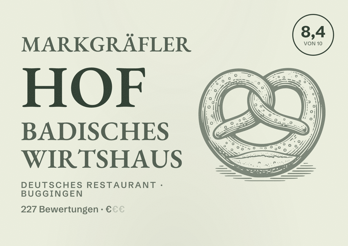 Illustriertes Poster von Markgräfler Hof Badisches Wirtshaus, Deutsches Restaurant in Buggingen: Bewertung 8,4 von 10 aus 227 Bewertungen, Preisniveau €
