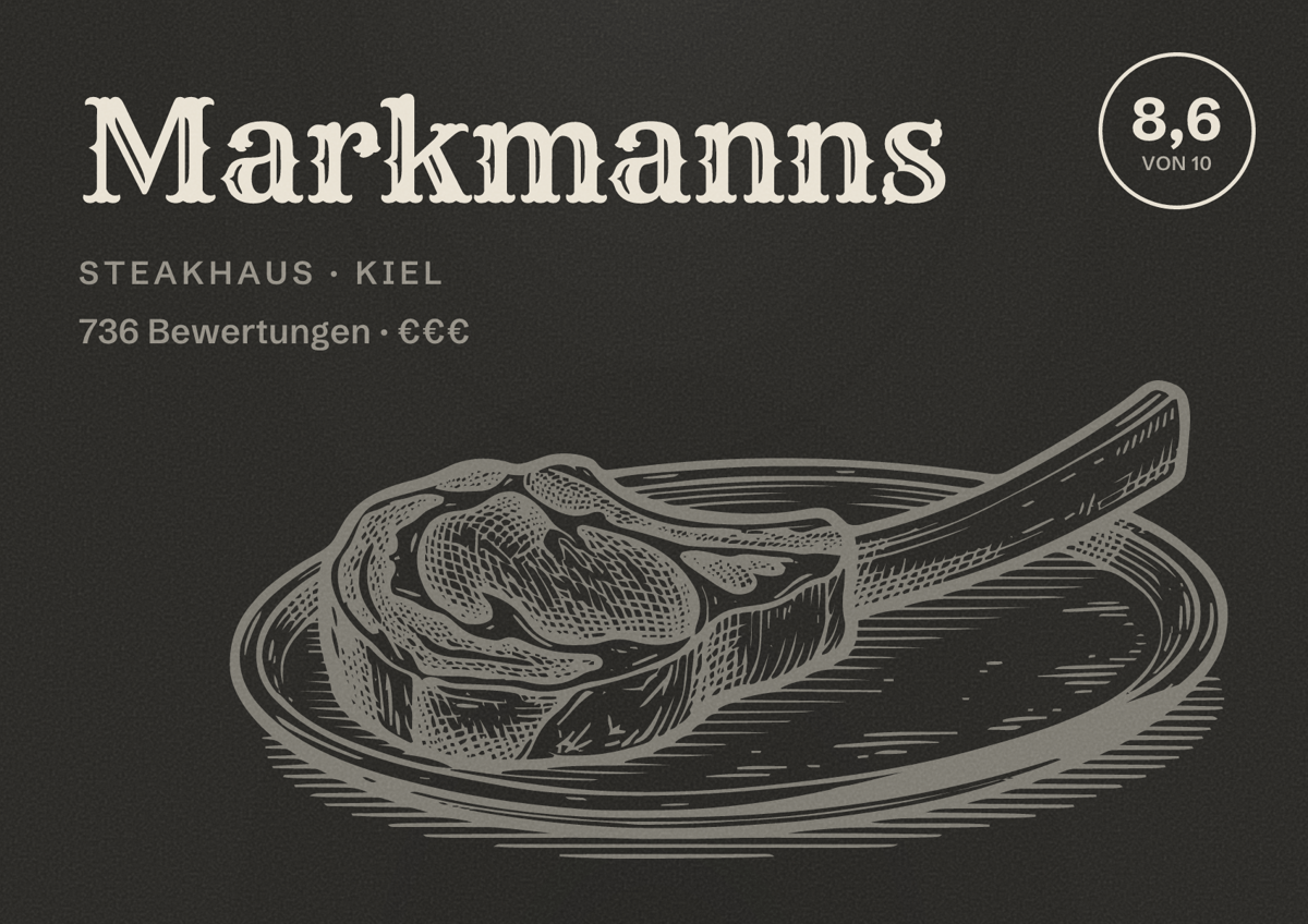 Illustriertes Poster von Markmanns, Steakhaus in Kiel: Bewertung 8,6 von 10 aus 736 Bewertungen, Preisniveau €€€