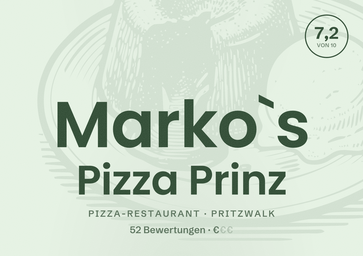 Illustriertes Poster von Marko`s Pizza Prinz, Pizza-Restaurant in Pritzwalk: Bewertung 7,2 von 10 aus 52 Bewertungen, Preisniveau €
