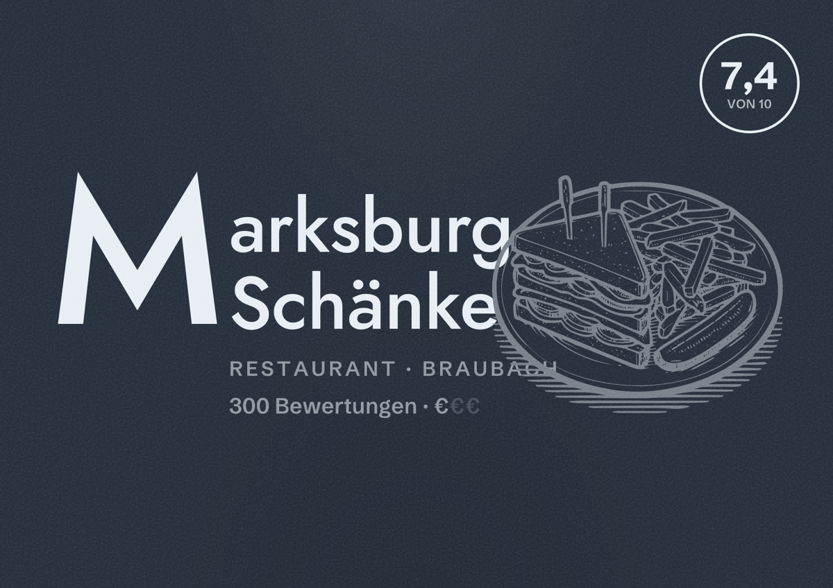 Illustriertes Poster von Marksburg Schänke, Restaurant in Braubach: Bewertung 7,4 von 10 aus 300 Bewertungen, Preisniveau €