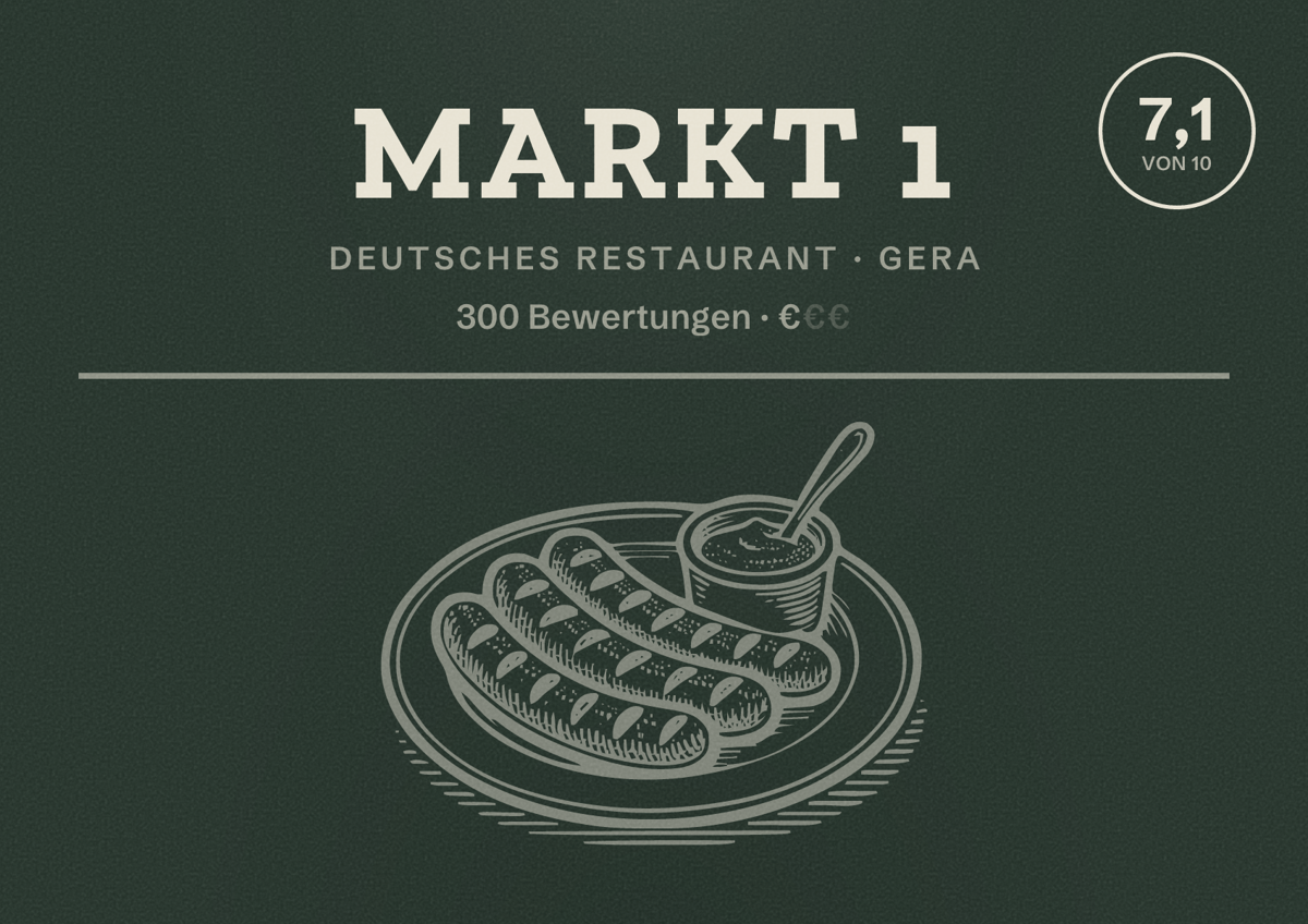Illustriertes Poster von Markt 1, Deutsches Restaurant in Gera: Bewertung 7,1 von 10 aus 300 Bewertungen, Preisniveau €