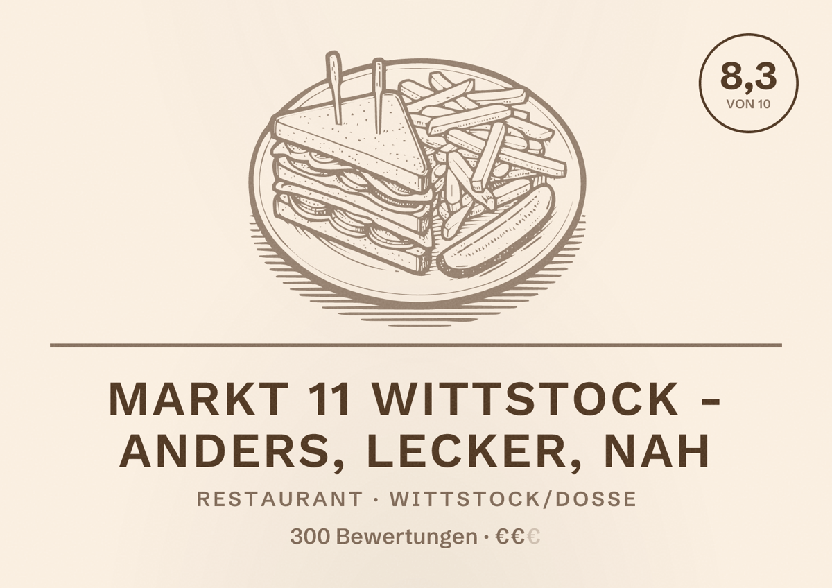Illustriertes Poster von Markt 11 Wittstock - anders, lecker, nah, Restaurant in Wittstock/Dosse: Bewertung 8,3 von 10 aus 300 Bewertungen, Preisniveau €€