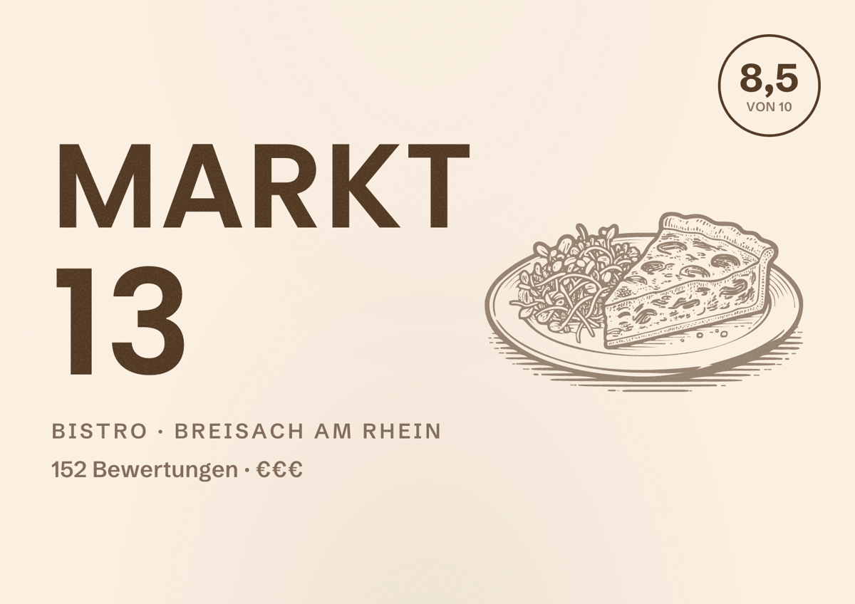 Illustriertes Poster von Markt 13, Bistro in Breisach am Rhein: Bewertung 8,5 von 10 aus 152 Bewertungen, Preisniveau €€€