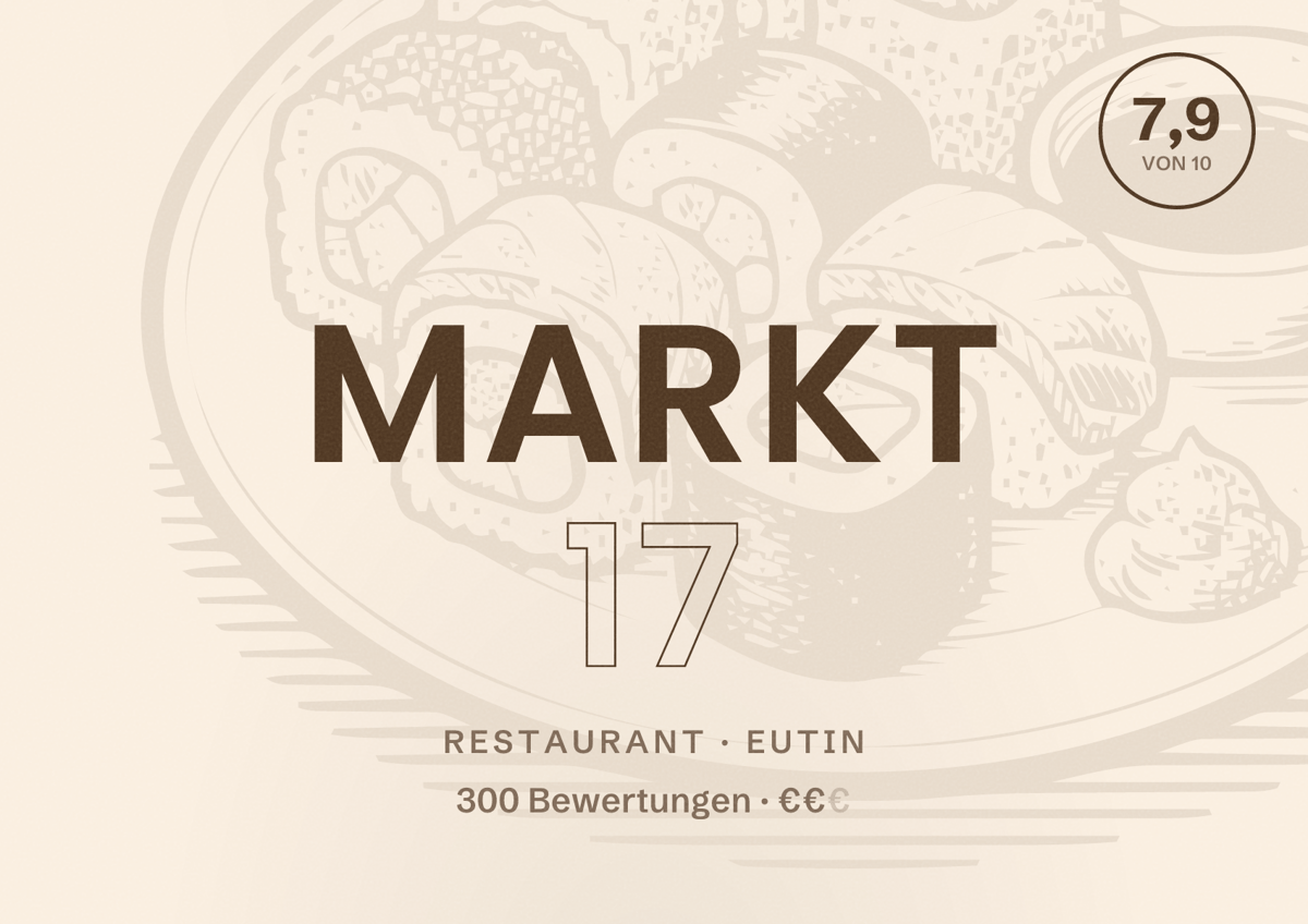 Illustriertes Poster von Markt 17, Restaurant in Eutin: Bewertung 7,9 von 10 aus 300 Bewertungen, Preisniveau €€