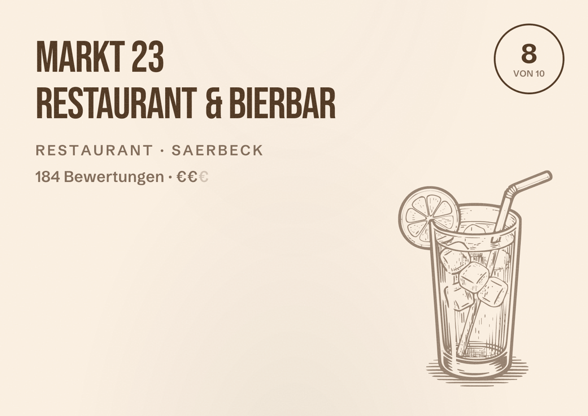 Illustriertes Poster von Markt 23 Restaurant & Bierbar, Restaurant in Saerbeck: Bewertung 8 von 10 aus 184 Bewertungen, Preisniveau €€