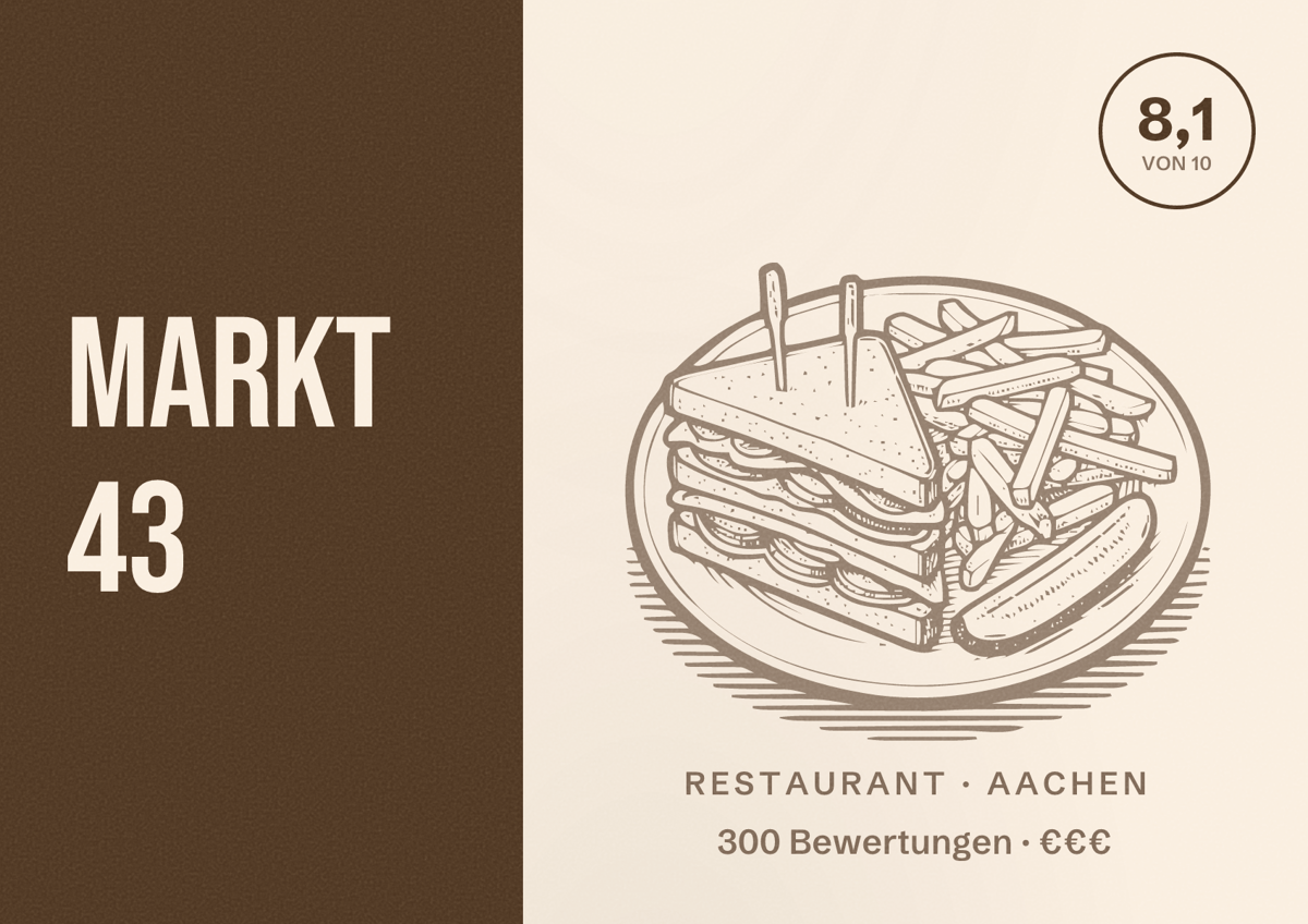 Illustriertes Poster von MARKT 43, Restaurant in Aachen: Bewertung 8,1 von 10 aus 300 Bewertungen, Preisniveau €€€