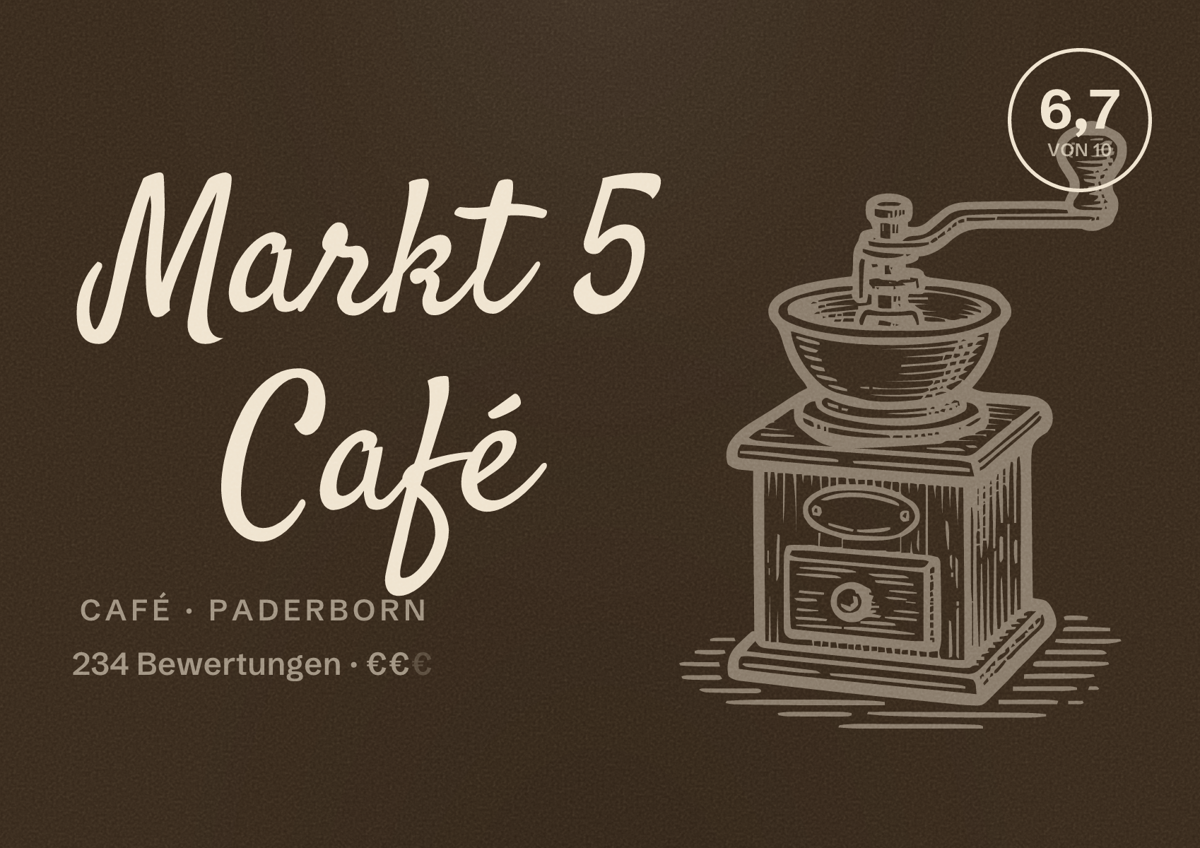 Illustriertes Poster von Markt 5 Café, Café in Paderborn: Bewertung 6,7 von 10 aus 234 Bewertungen, Preisniveau €€