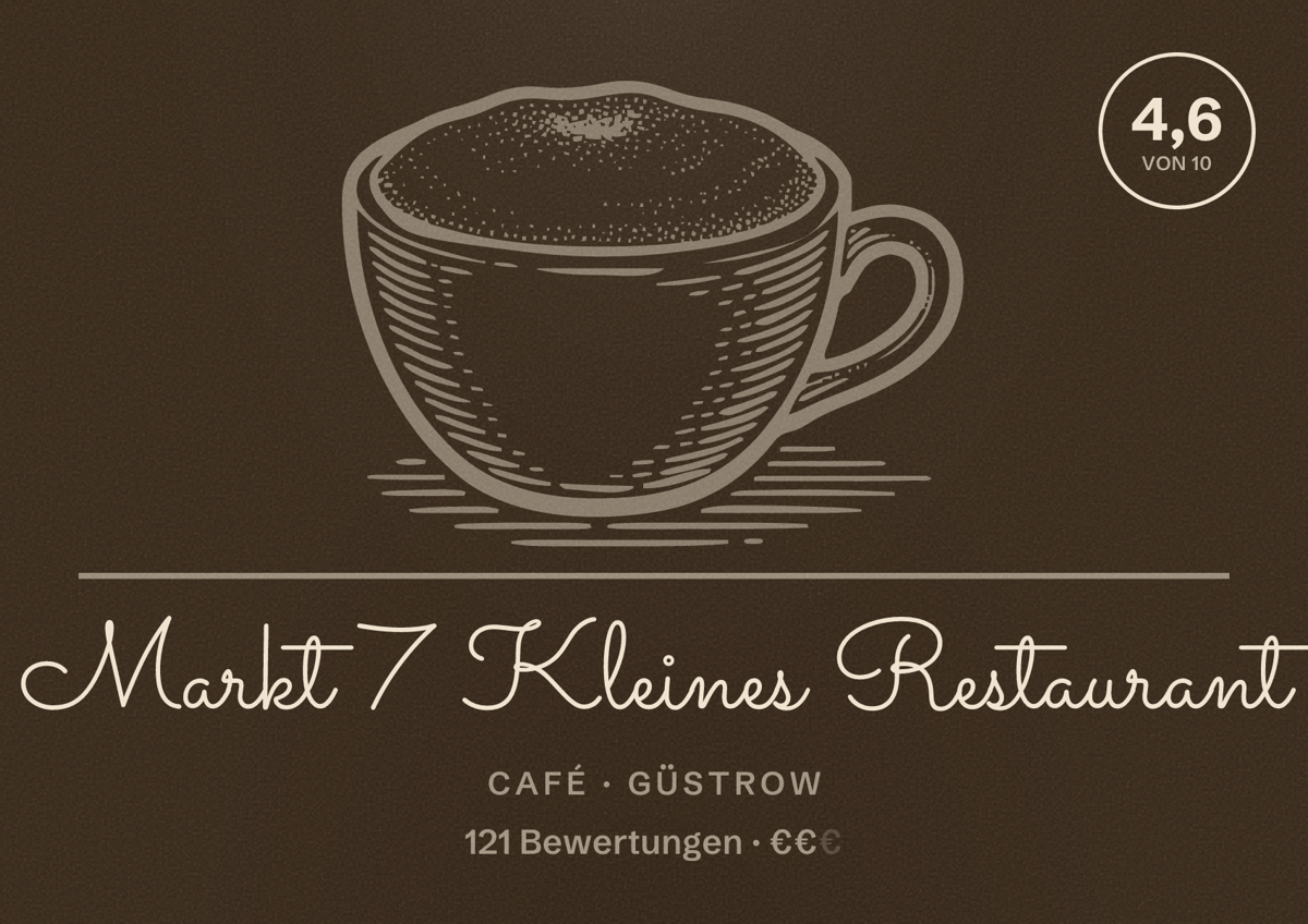 Illustriertes Poster von Markt 7 Kleines Restaurant, Café in Güstrow: Bewertung 4,6 von 10 aus 121 Bewertungen, Preisniveau €€