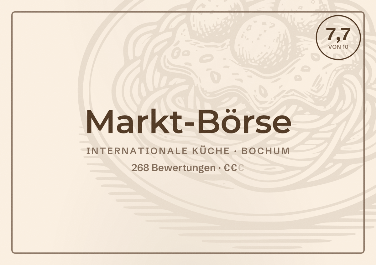 Illustriertes Poster von Markt-Börse, Internationale Küche in Bochum: Bewertung 7,7 von 10 aus 268 Bewertungen, Preisniveau €€