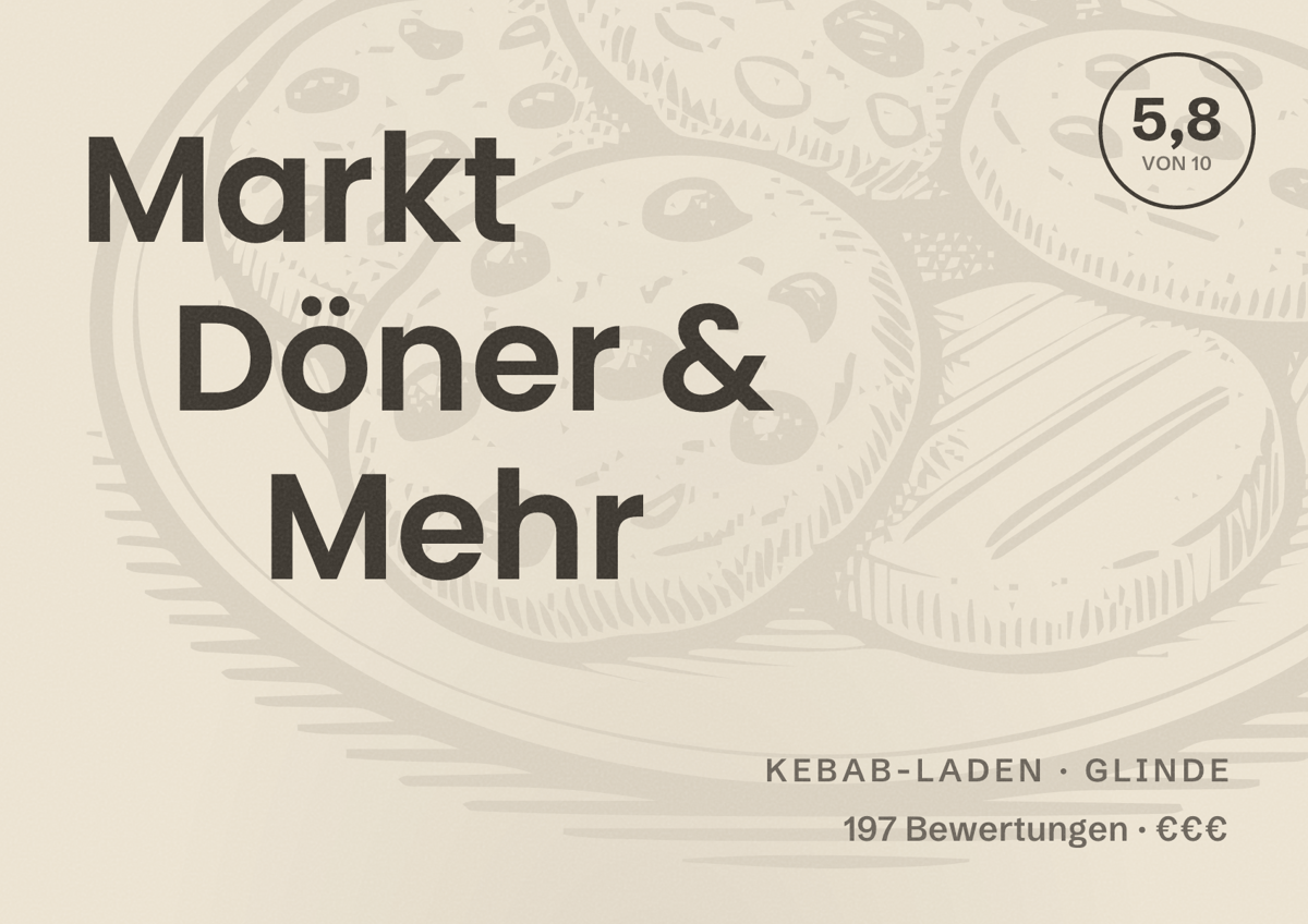 Illustriertes Poster von Markt Döner & Mehr, Kebab-Laden in Glinde: Bewertung 5,8 von 10 aus 197 Bewertungen, Preisniveau €€€