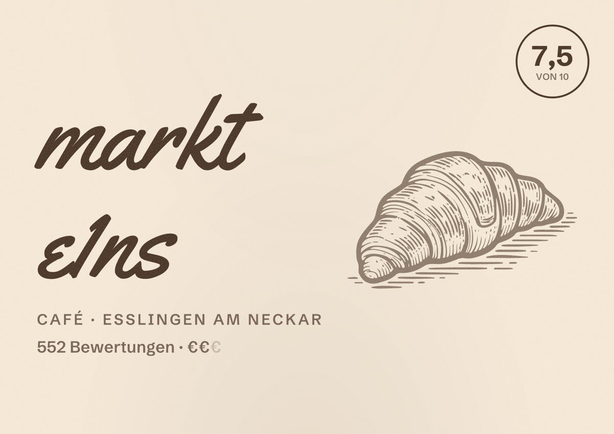 Illustriertes Poster von markt e1ns, Café in Esslingen am Neckar: Bewertung 7,5 von 10 aus 552 Bewertungen, Preisniveau €€