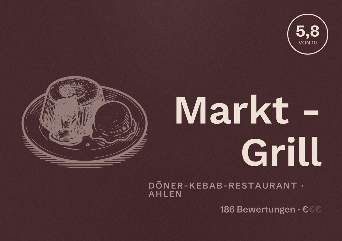 Illustriertes Poster von Markt - Grill, Döner-Kebab-Restaurant in Ahlen: Bewertung 5,8 von 10 aus 186 Bewertungen, Preisniveau €