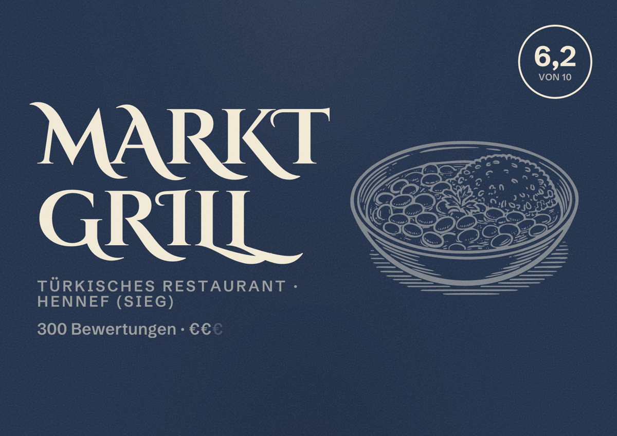 Illustriertes Poster von Markt Grill, Türkisches Restaurant in Hennef (Sieg): Bewertung 6,2 von 10 aus 300 Bewertungen, Preisniveau €€