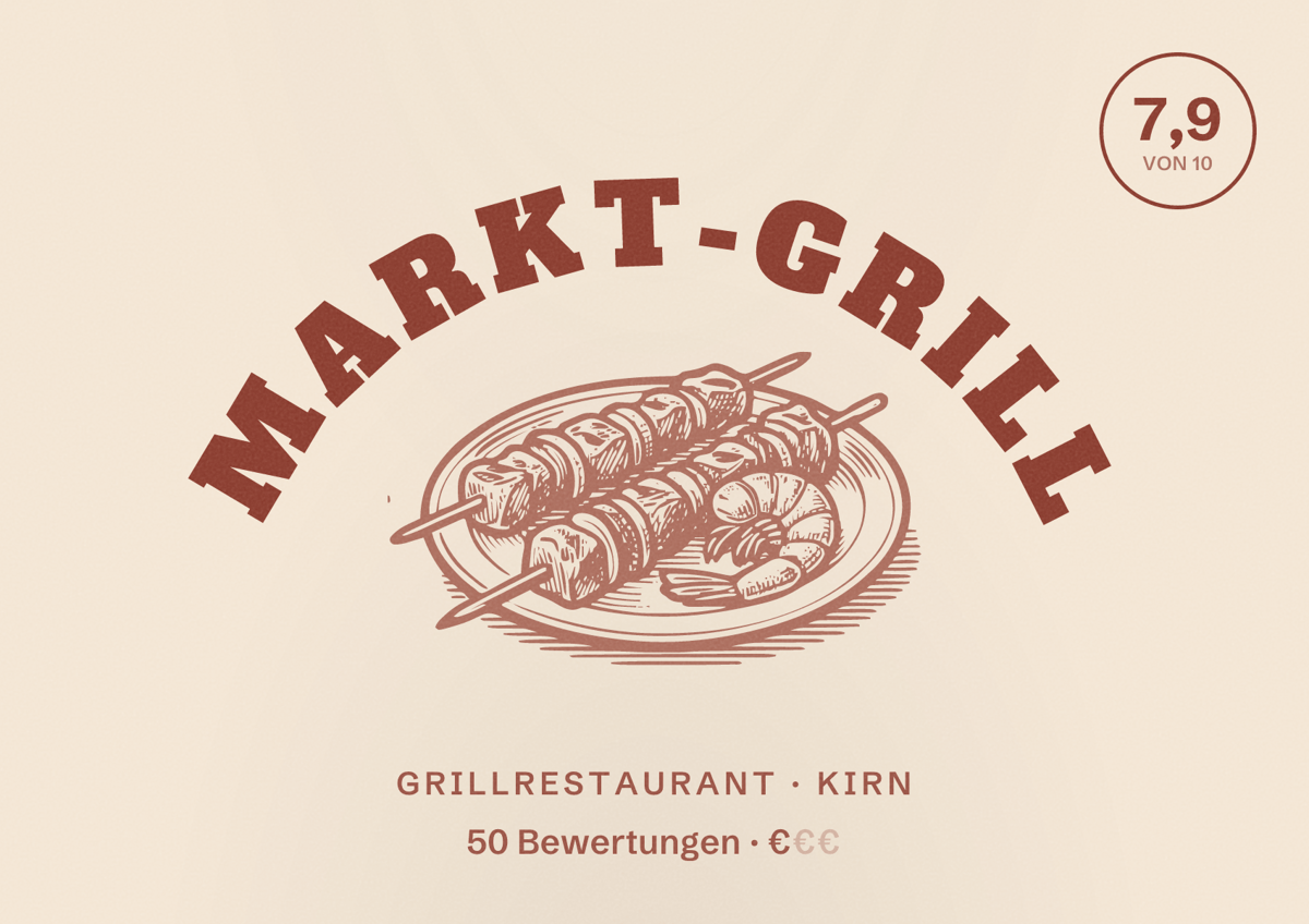 Illustriertes Poster von Markt-Grill, Grillrestaurant in Kirn: Bewertung 7,9 von 10 aus 50 Bewertungen, Preisniveau €