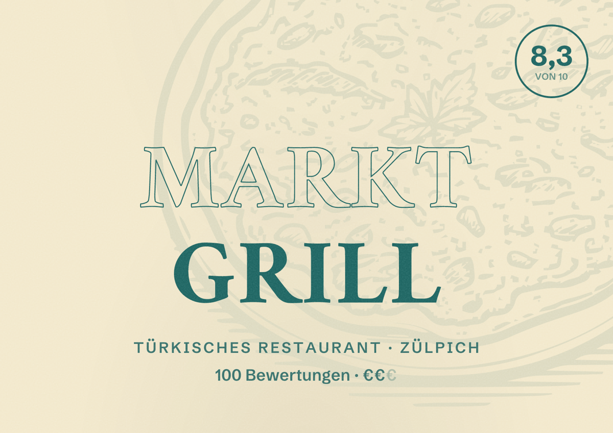 Illustriertes Poster von Markt Grill, Türkisches Restaurant in Zülpich: Bewertung 8,3 von 10 aus 100 Bewertungen, Preisniveau €€