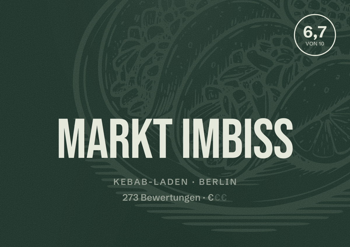 Illustriertes Poster von Markt Imbiss, Kebab-Laden in Berlin: Bewertung 6,7 von 10 aus 273 Bewertungen, Preisniveau €