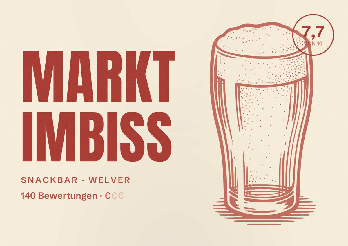 Illustriertes Poster von Markt Imbiss, Snackbar in Welver: Bewertung 7,7 von 10 aus 140 Bewertungen, Preisniveau €