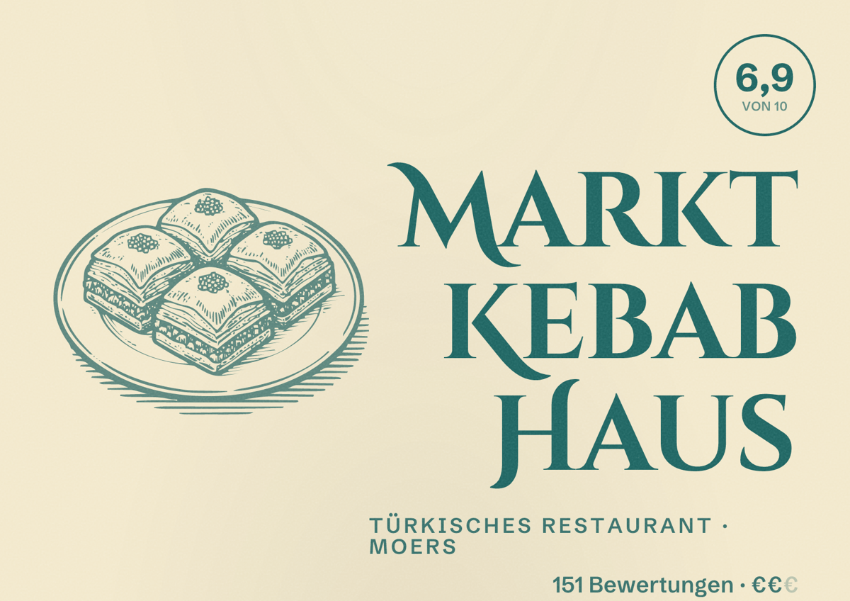 Illustriertes Poster von Markt Kebab Haus, Türkisches Restaurant in Moers: Bewertung 6,9 von 10 aus 151 Bewertungen, Preisniveau €€
