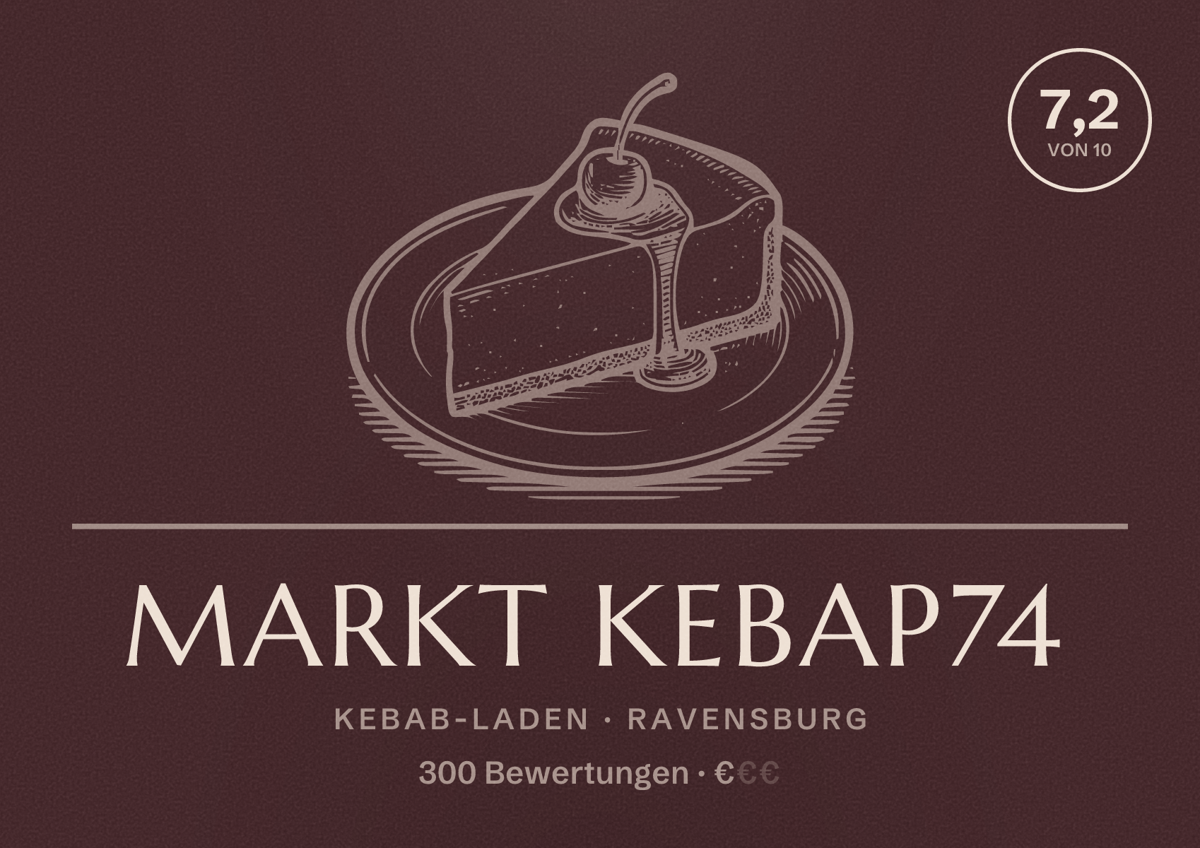 Illustriertes Poster von Markt kebap74, Kebab-Laden in Ravensburg: Bewertung 7,2 von 10 aus 300 Bewertungen, Preisniveau €
