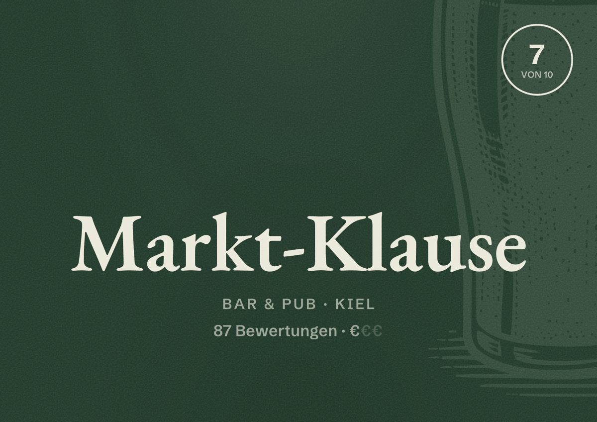 Illustriertes Poster von Markt-Klause, Bar & Pub in Kiel: Bewertung 7 von 10 aus 87 Bewertungen, Preisniveau €