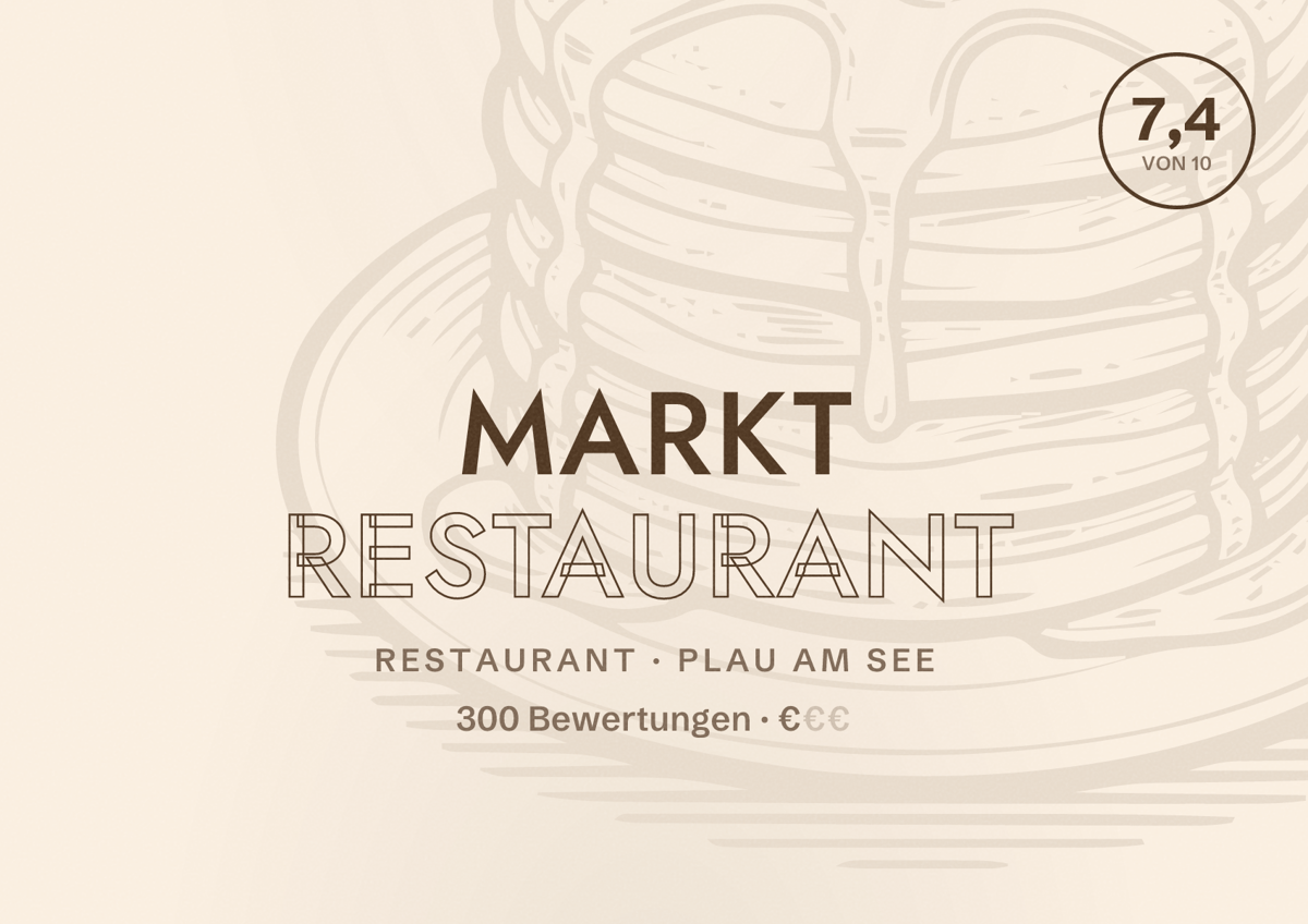 Illustriertes Poster von Markt Restaurant, Restaurant in Plau am See: Bewertung 7,4 von 10 aus 300 Bewertungen, Preisniveau €