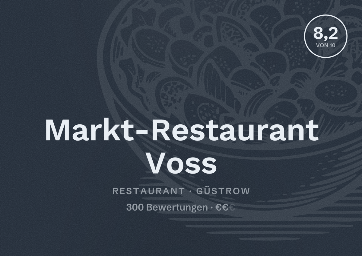 Illustriertes Poster von Markt-Restaurant Voss, Restaurant in Güstrow: Bewertung 8,2 von 10 aus 300 Bewertungen, Preisniveau €€