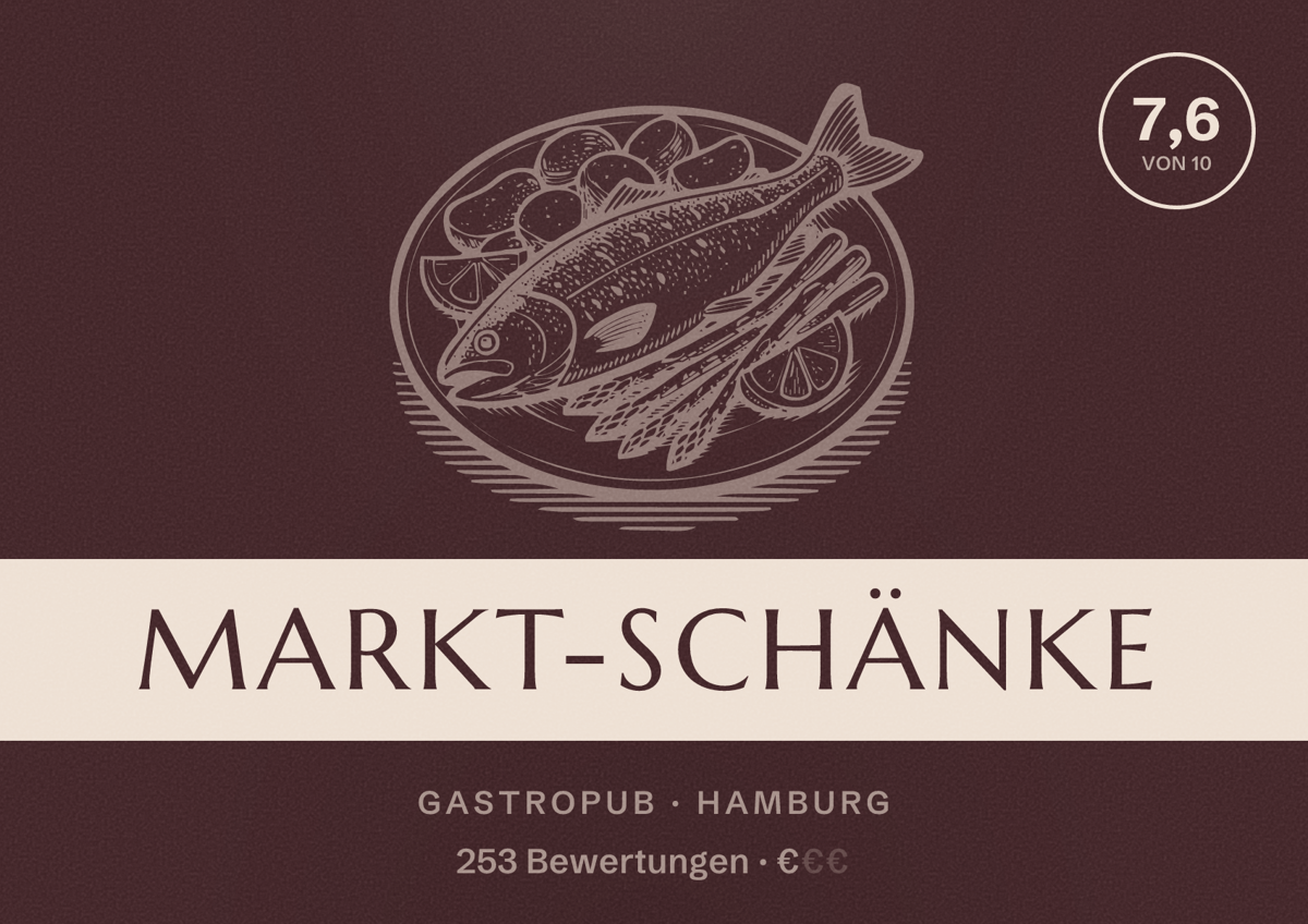 Illustriertes Poster von Markt-Schänke, Gastropub in Hamburg: Bewertung 7,6 von 10 aus 253 Bewertungen, Preisniveau €